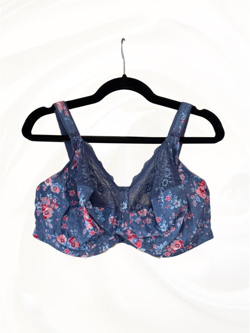 Elomi blue floral push up bra with red and pink flowers, size 40J